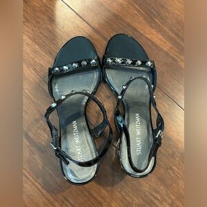 Stuart Weitzman Patent Leather Studded Slingback Wedge Sandal - Size 10